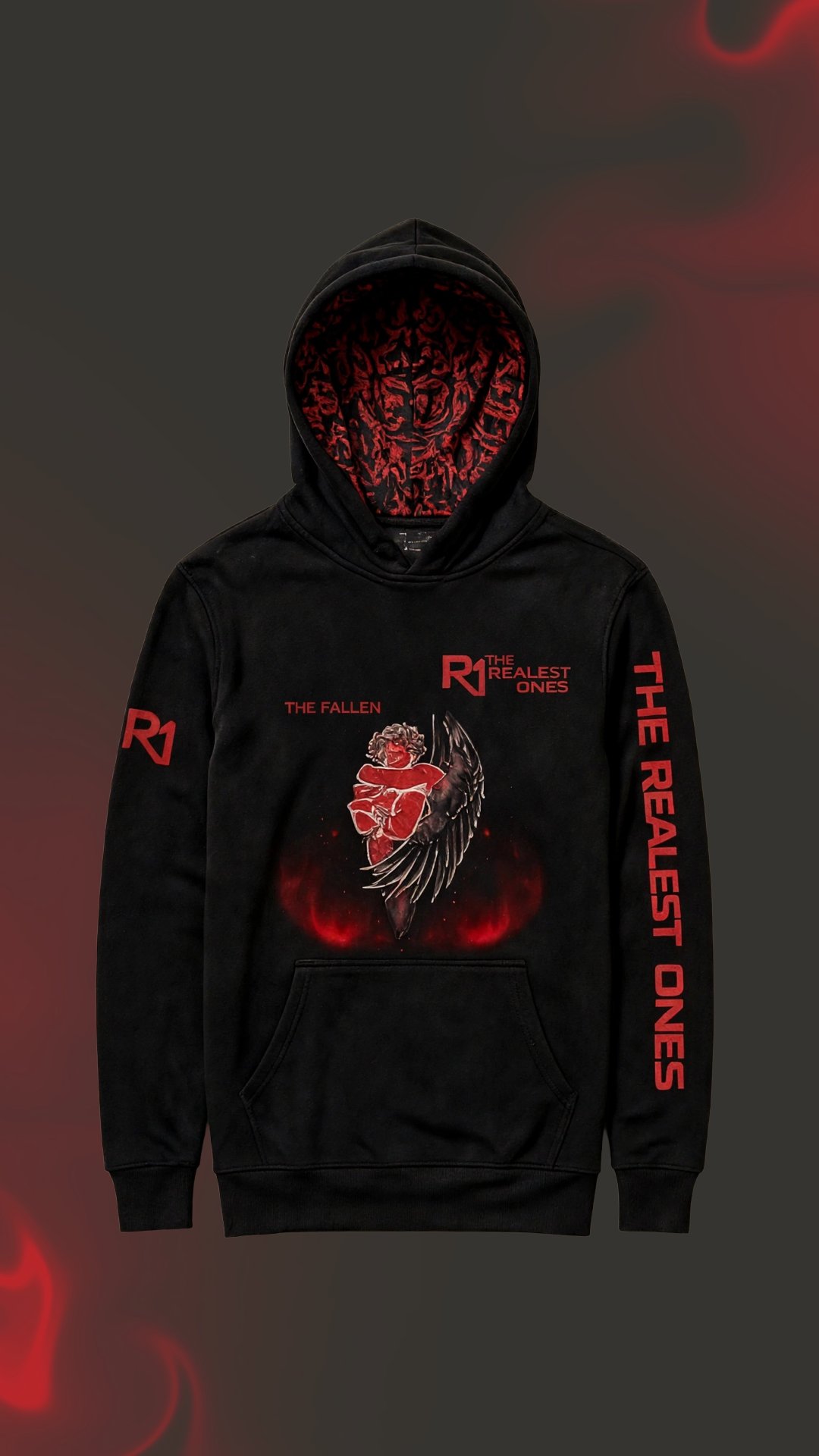 The Fallen Angel hoodie — black with red Realest Ones branding
